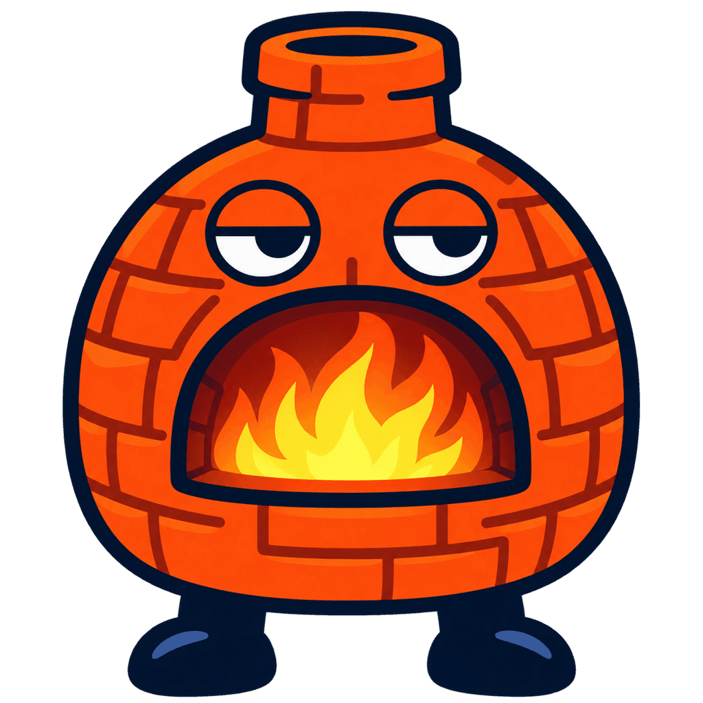 The Oven, a brick pizza oven with a fire in its mouth
